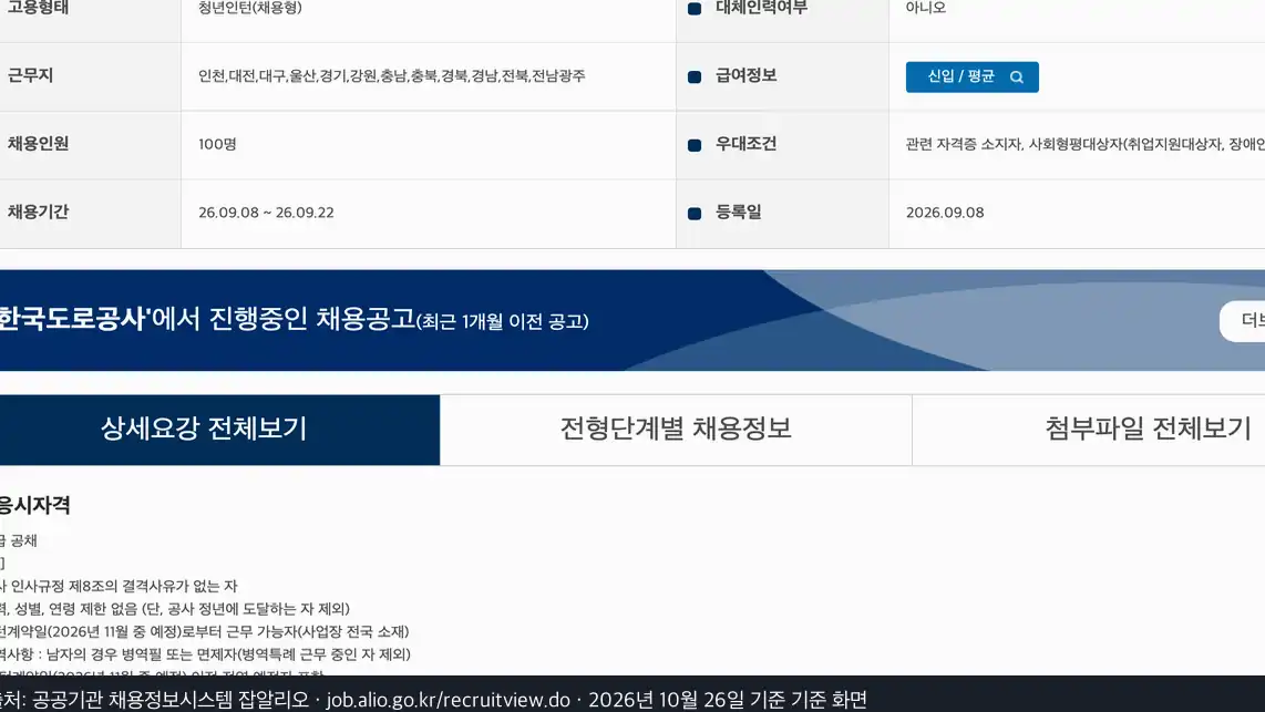 한국도로공사 채용 2026년 하반기 일반직 신입(인턴), 접수는 9월 22일에 끝났습니다
